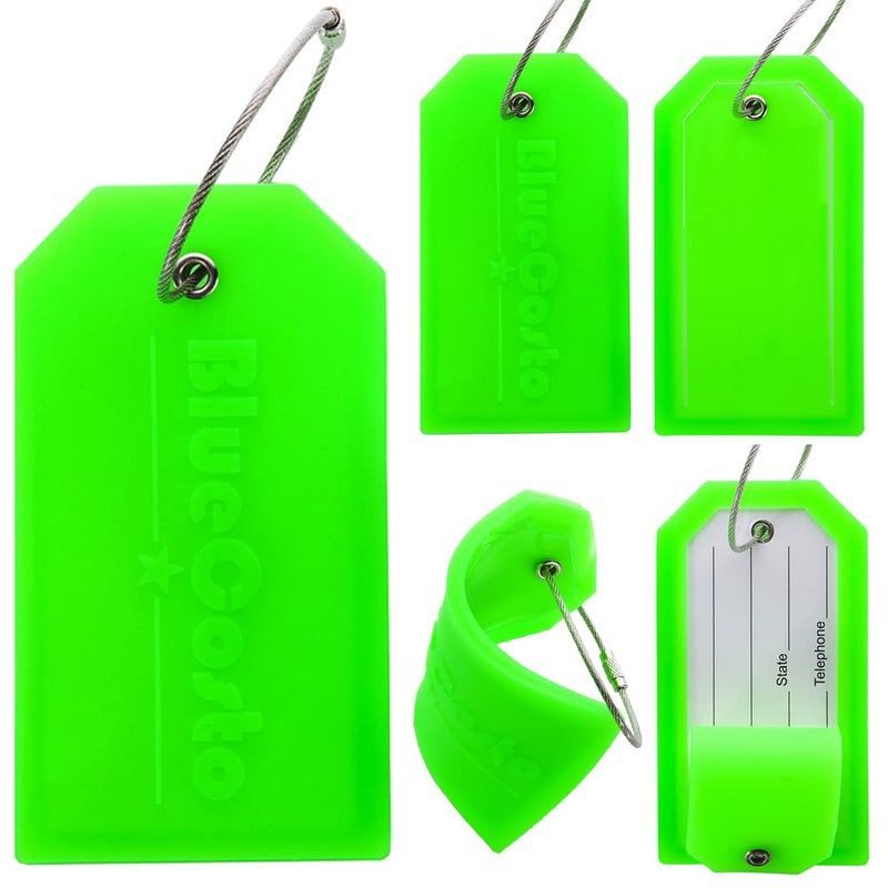 BlueCosto - Luggage tags - large, green, 5 pieces - PVC luggage tags with privacy screen and stainless steel wire loops - personalized luggage identification for travel - name labels for backpacks - Image 1